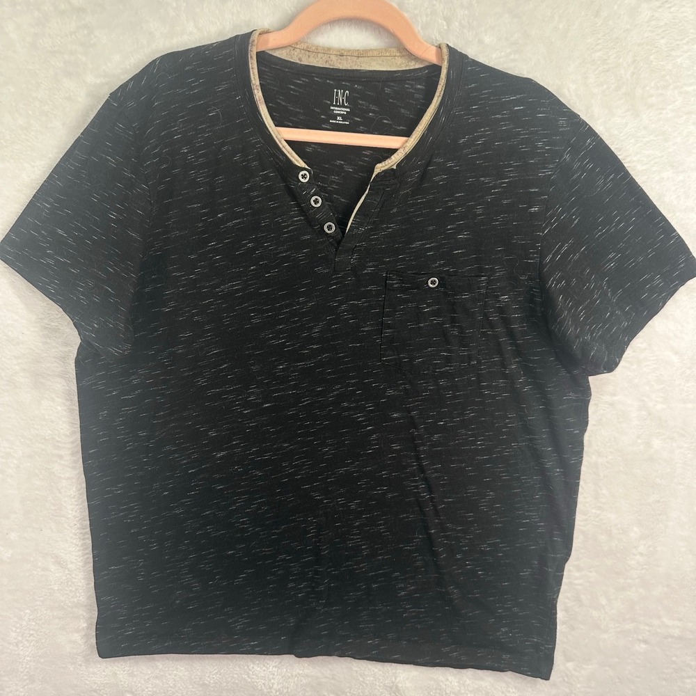 INC International Concepts Henley Shirt Mens XL Black Space Dye Short Sleeve